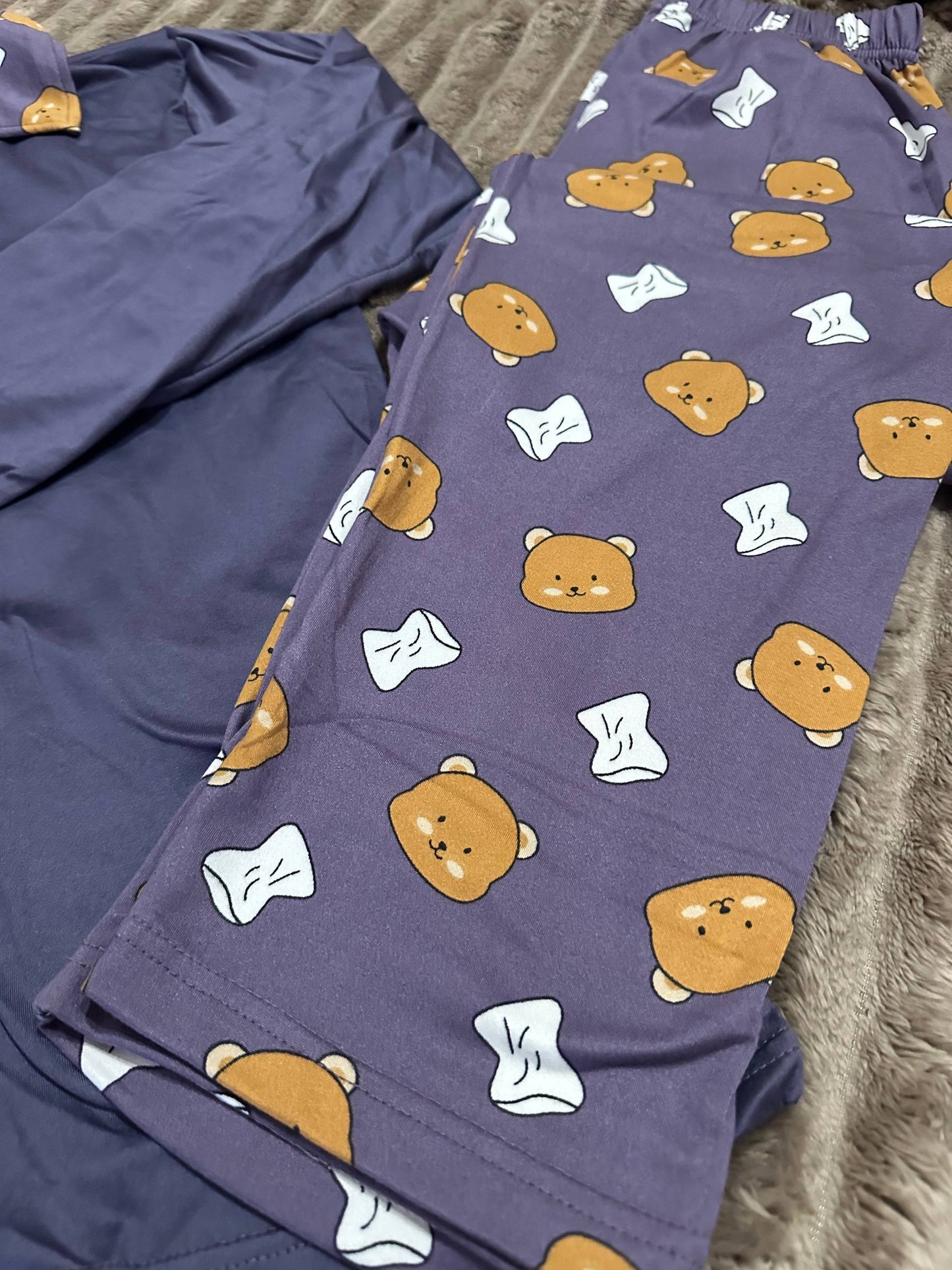 Women’s pajama set with cute bear print – navy & purple Viscose homewear