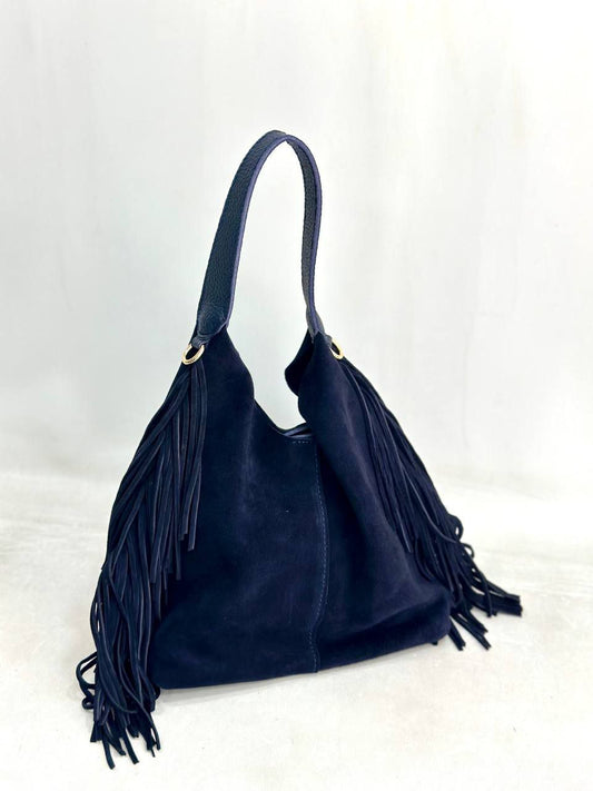 Blue suede handbag with leather details & fringe + pouch | Medium-size women’s bag