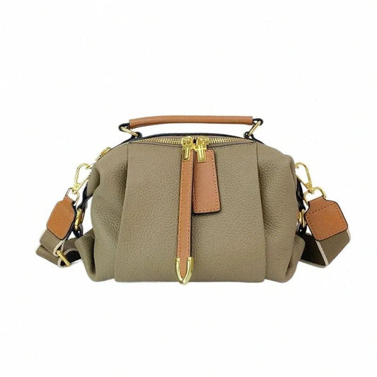 Beige Genuine Leather Handbag | Structured Box Bag with Adjustable Strap | Minimalist Everyday Purse
