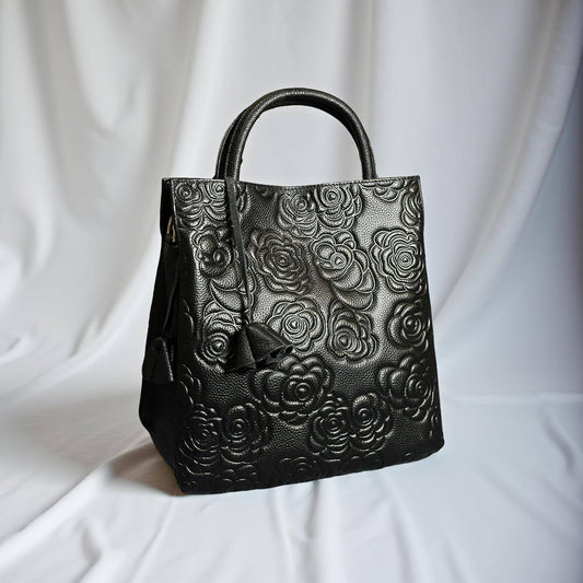 Black Embossed Leather Handbag | Floral Pattern Tote with Gold Details | Elegant Structured Purse
